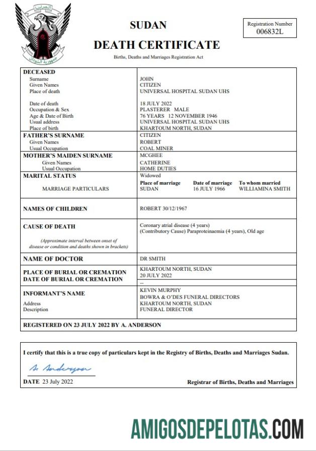 Em branco modelo Word e PDF de certidão de óbito de registro vital do Sudão